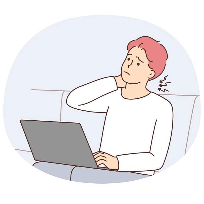 illustration of a woman with neck pain after massage while working on a laptop